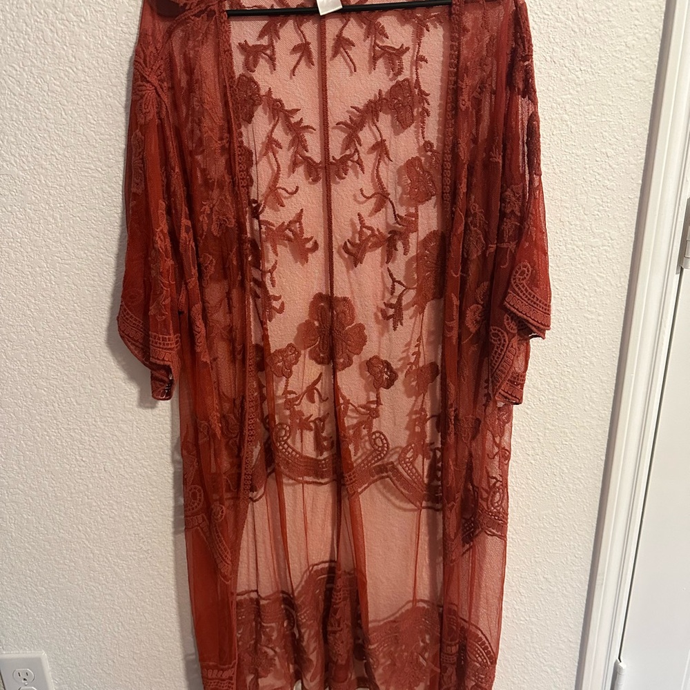 Boho Sheer Lace Kimono/Cardigan in Rust, Elegant, Western, Layered Look Size L